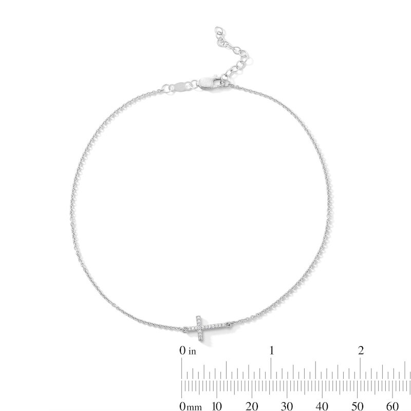 Main Image 3 of 0.05 CT. T.W. Diamond Sideways Cross Anklet in Sterling Silver - 10”