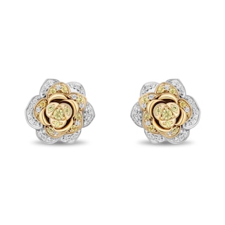 Enchanted Disney Belle Yellow Sapphire and 0.23 CT. T.W. Diamond Rose Stud Earrings in Sterling Silver and 10K Gold