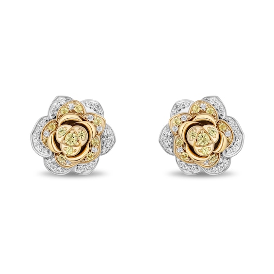 Enchanted Disney Belle Yellow Sapphire and 0.23 CT. T.W. Diamond Rose Stud Earrings in Sterling Silver and 10K Gold