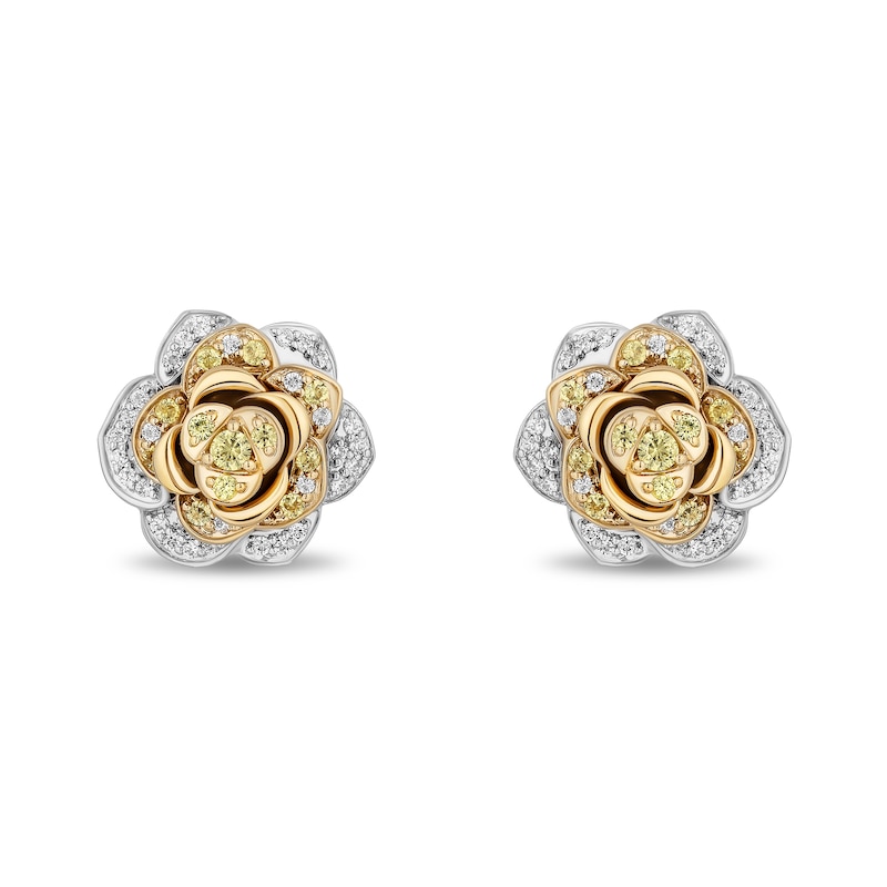 Enchanted Disney Belle Yellow Sapphire and 0.23 CT. T.W. Diamond Rose Stud Earrings in Sterling Silver and 10K Gold