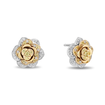 Enchanted Disney Belle Yellow Sapphire and 0.23 CT. T.W. Diamond Rose Stud Earrings in Sterling Silver and 10K Gold