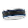 Thumbnail Image 1 of 8.0mm Triple Row Grooved Edge Engravable Wedding Band in Stainless Steel with Black and Blue Ion Plate (1 Line)