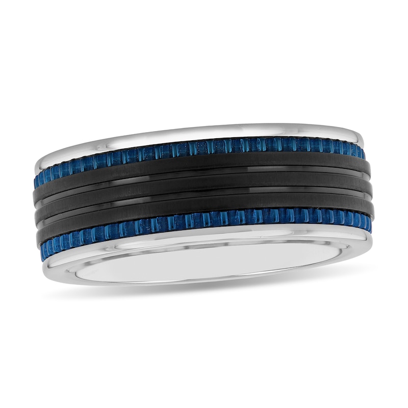 Main Image 1 of 8.0mm Triple Row Grooved Edge Engravable Wedding Band in Stainless Steel with Black and Blue Ion Plate (1 Line)