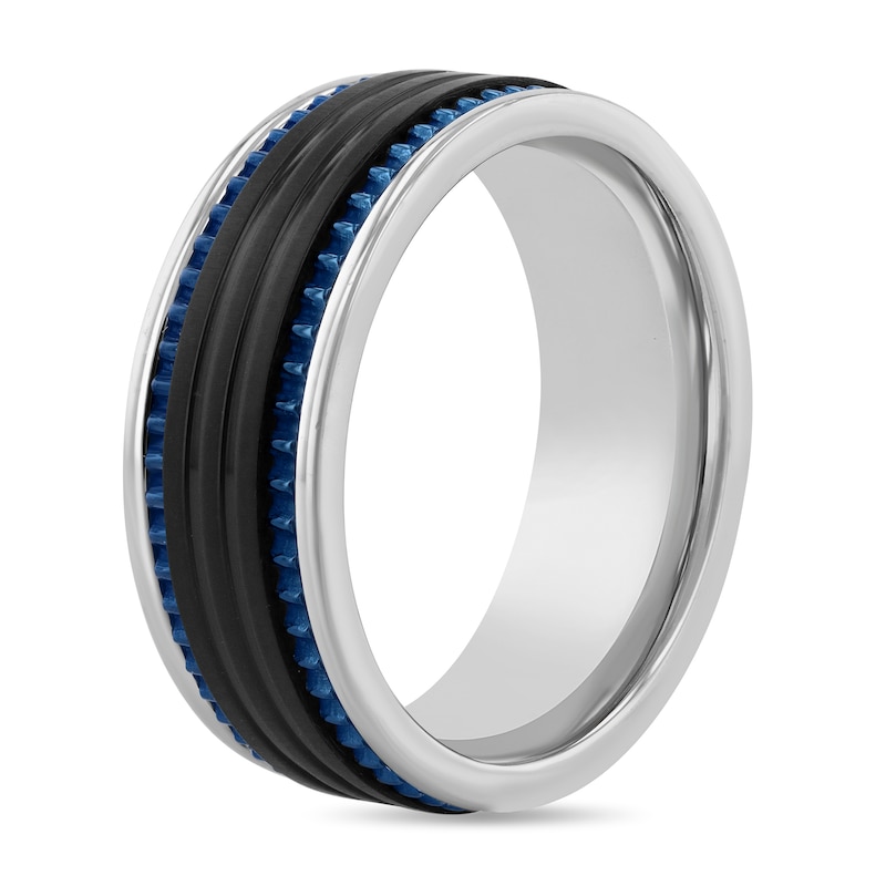 8.0mm Triple Row Grooved Edge Engravable Wedding Band in Stainless Steel with Black and Blue Ion Plate (1 Line)