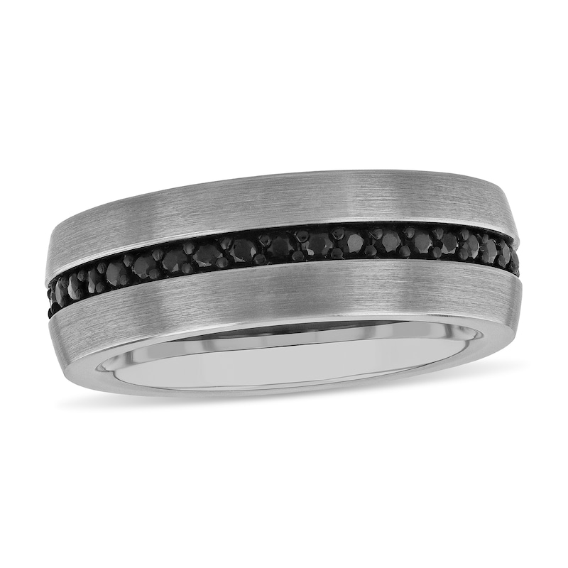 Main Image 1 of Black Sapphire Inlay Brushed Comfort-Fit Engravable Wedding Band in Tungsten (1 Line)