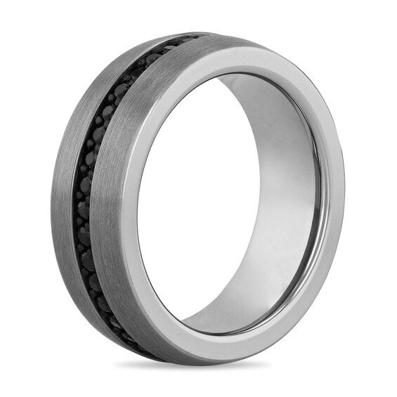 Black Sapphire Inlay Brushed Comfort-Fit Engravable Wedding Band in Tungsten (1 Line)