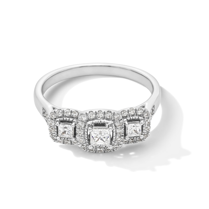 0.50 CT. T.W. Princess-Cut Diamond Cushion Frame Past Present Future® Engagement Ring in 10K White Gold