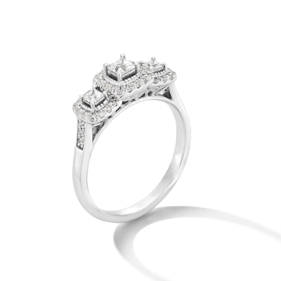 0.50 CT. T.W. Princess-Cut Diamond Cushion Frame Past Present Future® Engagement Ring in 10K White Gold