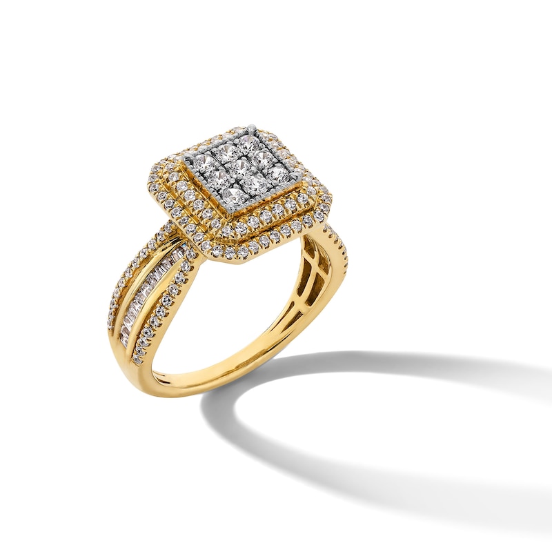 Main Image 1 of 1.00 CT. T.W. Multi-Diamond Double Cushion Frame Multi-Row Engagement Ring in 10K Gold