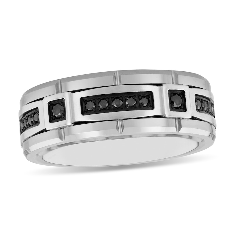 Main Image 1 of 0.18 CT. T.W. Black Diamond Engravable Comfort-Fit Wedding Band in Tungsten and Stainless Steel (1 Line)