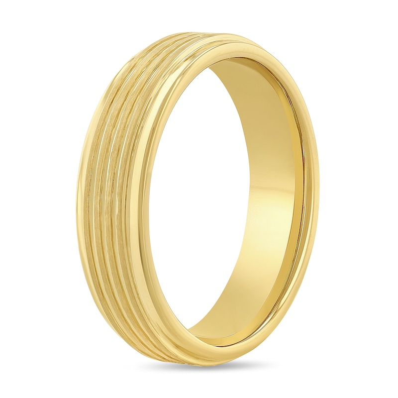 Main Image 2 of 6.0mm Grooved Engravable Comfort-Fit Wedding Band in Tungsten with Yellow Ion Plate (1 Line)