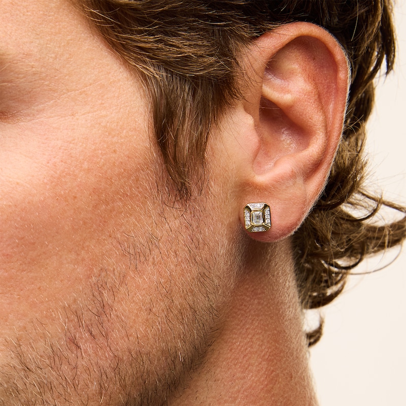 Main Image 2 of 0.50 CT. T.W. Emerald-Cut Certified Lab-Created Diamond Frame Bezel-Set Stud Earrings in 10K Gold (F/SI2)