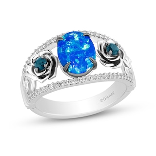 Enchanted Disney Cinderella Oval Blue Lab-Created Opal, London Blue Topaz and Diamond Flower Ring in Sterling Silver