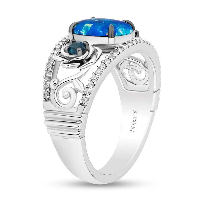 Enchanted Disney Cinderella Oval Blue Lab-Created Opal, London Blue Topaz and Diamond Flower Ring in Sterling Silver