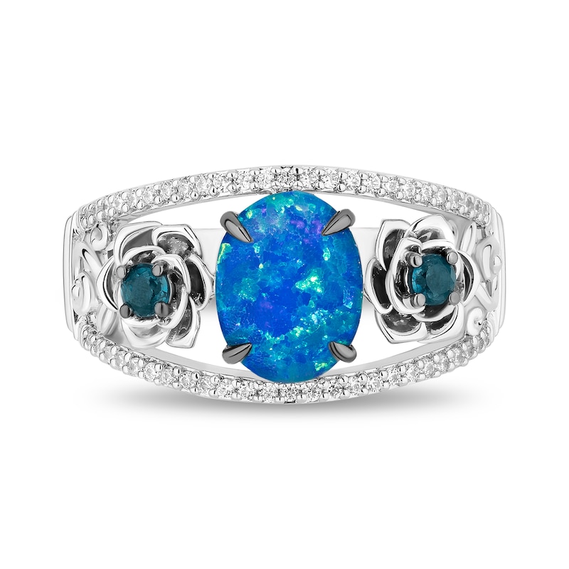 Enchanted Disney Cinderella Oval Blue Lab-Created Opal, London Blue Topaz and Diamond Flower Ring in Sterling Silver