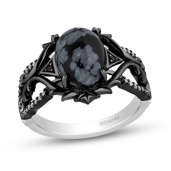 Enchanted Disney Villains Maleficent Oval Obsidian and 0.145 CT. T.W. Diamond Thorns Ring in Sterling Silver