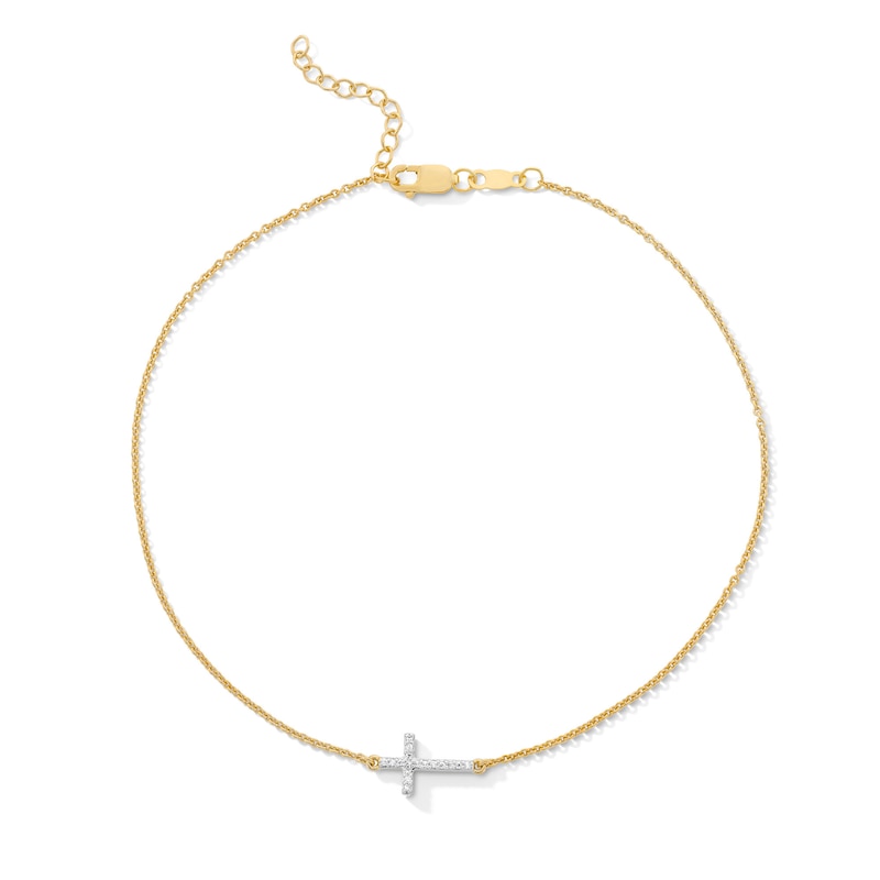 Main Image 1 of 0.05 CT. T.W. Diamond Sideways Cross Anklet in Sterling Silver with 10K Gold Plate - 10”