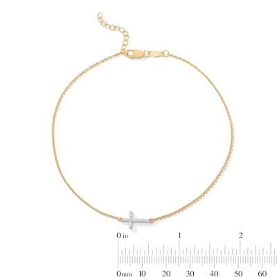 0.05 CT. T.W. Diamond Sideways Cross Anklet in Sterling Silver with 10K Gold Plate - 10”