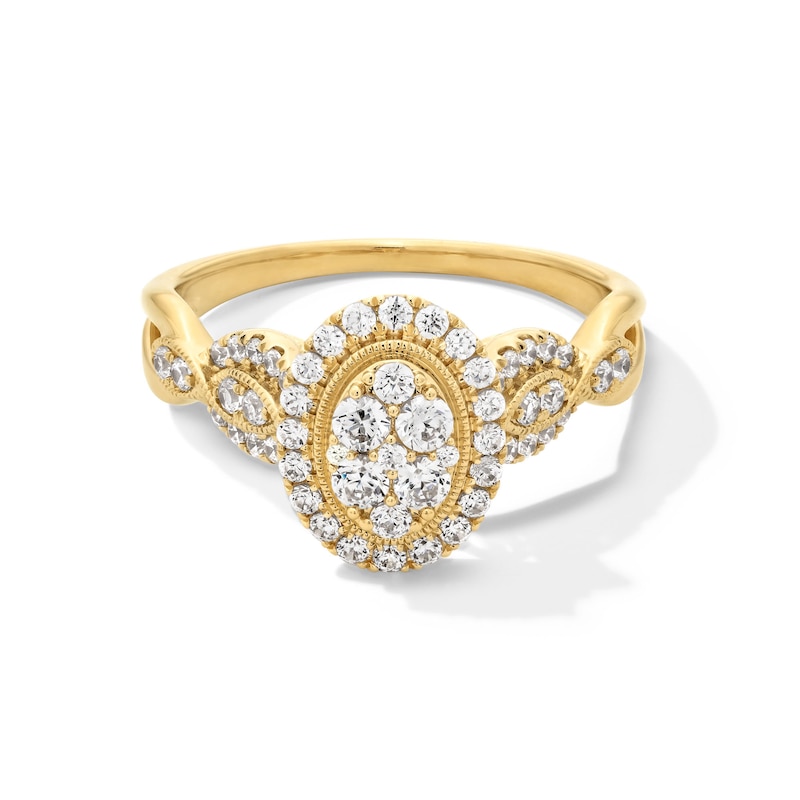 Main Image 1 of 0.60 CT. T.W. Oval-Shaped Multi-Diamond Frame Ornate Shank Vintage-Style Engagement Ring in 10K Gold