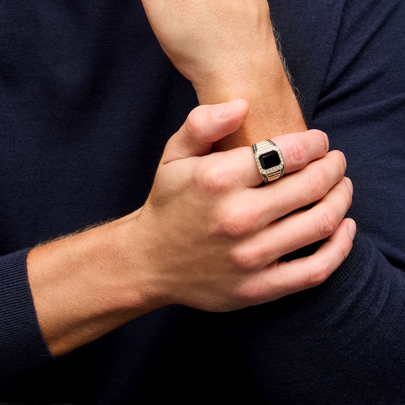 EFFY™ Collection Emerald-Cut Onyx with 0.58 CT. T.W. Black and White Diamond Frame Ring in 14K Gold