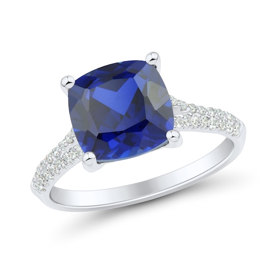 Cushion-Cut Blue Lab-Created Sapphire and 0.23 CT. T.W. Certified Lab-Created Diamond Split Shank Ring in 10K White Gold