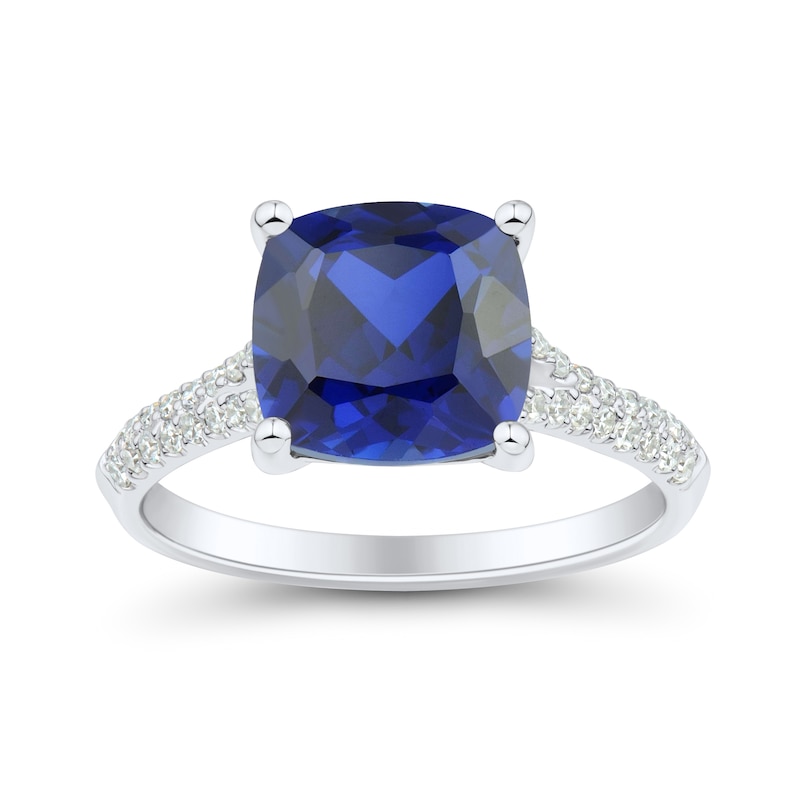 Cushion-Cut Blue Lab-Created Sapphire and 0.23 CT. T.W. Certified Lab-Created Diamond Split Shank Ring in 10K White Gold