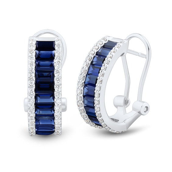 Princess-Cut Blue Lab-Created Sapphire and 0.45 CT. T.W. Certified Lab-Created Diamond Hoop Earrings in 10K White Gold