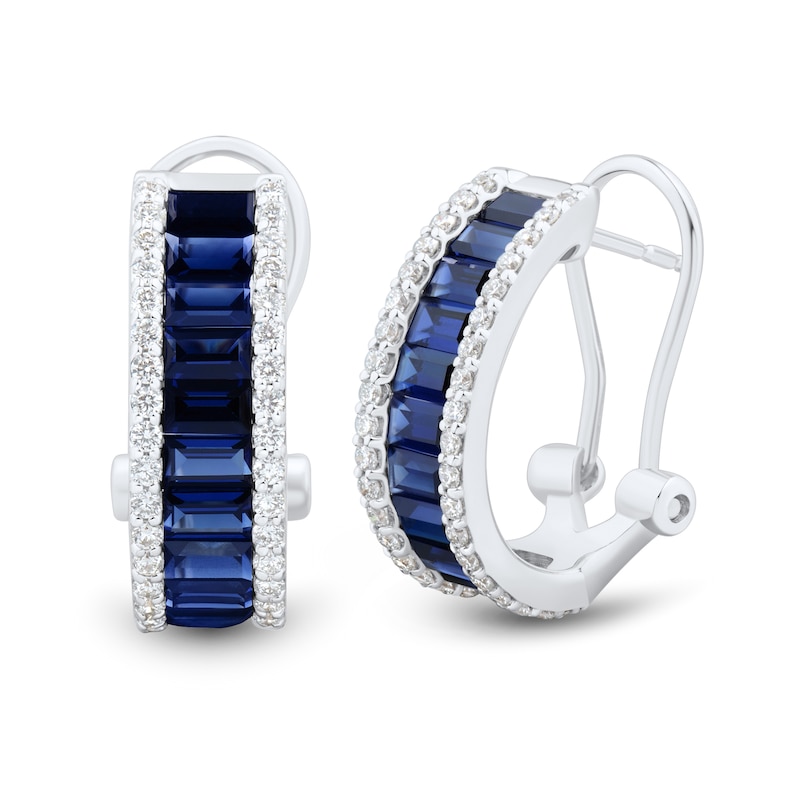 Princess-Cut Blue Lab-Created Sapphire and 0.45 CT. T.W. Certified Lab-Created Diamond Hoop Earrings in 10K White Gold