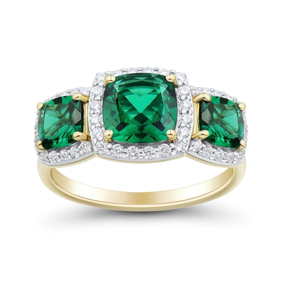 Cushion-Cut Lab-Created Emerald and 0.29 CT. T.W. Certified Lab-Created Diamond Frame Three Stone Ring in 10K Gold