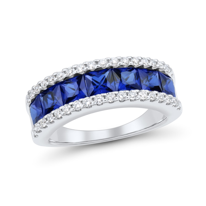 Princess-Cut Blue Lab-Created Sapphire and 0.37 CT. T.W. Certified Lab-Created Diamond Band in 10K White Gold (F/SI2)