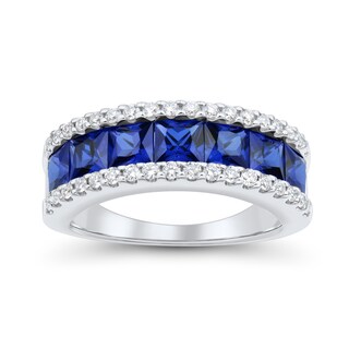 Princess-Cut Blue Lab-Created Sapphire and 0.37 CT. T.W. Certified Lab-Created Diamond Band in 10K White Gold (F/SI2)