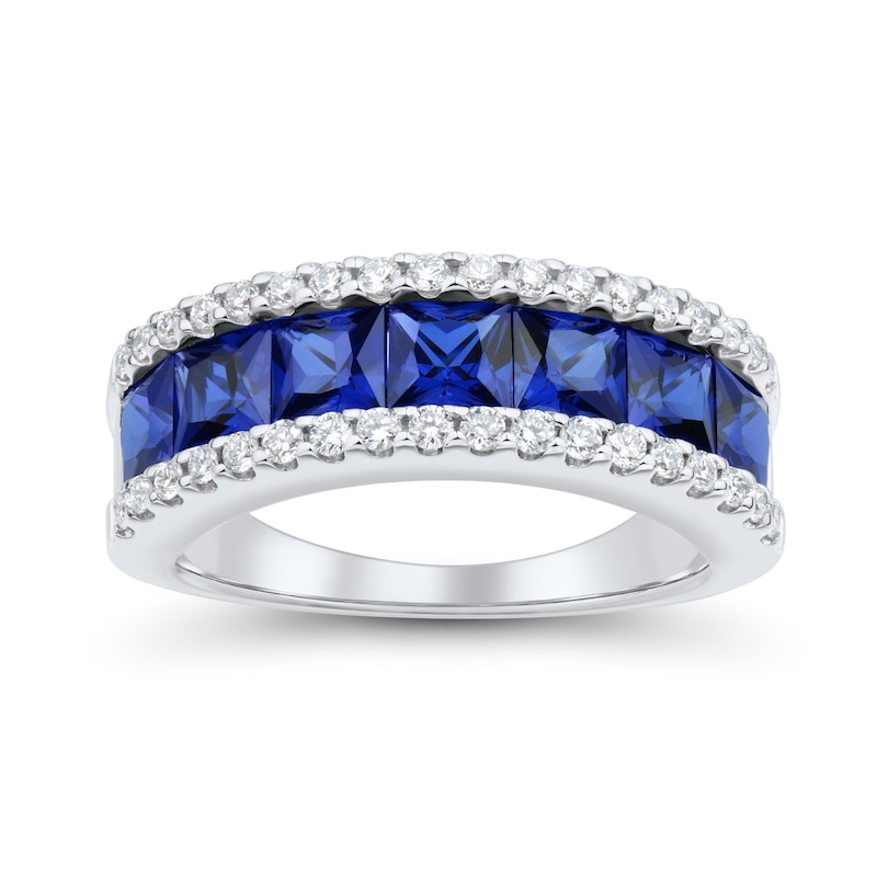 Princess-Cut Blue Lab-Created Sapphire and 0.37 CT. T.W. Certified Lab-Created Diamond Band in 10K White Gold (F/SI2)