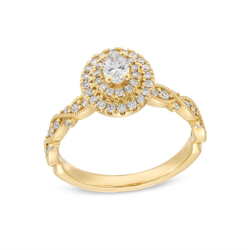 0.60 CT. T.W. Oval Diamond Double Frame Twist Shank Vintage-Style Engagement Ring in 14K Gold