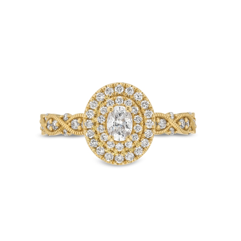 Main Image 3 of 0.60 CT. T.W. Oval Diamond Double Frame Twist Shank Vintage-Style Engagement Ring in 14K Gold