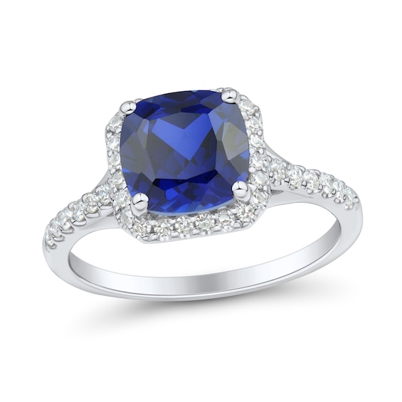 Cushion-Cut Blue Lab-Created Sapphire and 0.29 CT. T.W. Certified Lab-Created Diamond Frame Ring in 10K White Gold