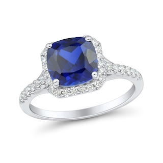 Cushion-Cut Blue Lab-Created Sapphire and 0.29 CT. T.W. Certified Lab-Created Diamond Frame Ring in 10K White Gold