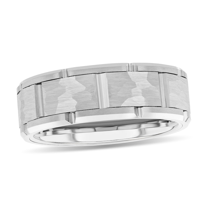 Main Image 1 of 8.0mm Hammered Brick Pattern Comfort-Fit Engravable Wedding Band in Tungsten (1 Line)