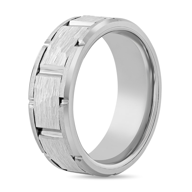 Main Image 2 of 8.0mm Hammered Brick Pattern Comfort-Fit Engravable Wedding Band in Tungsten (1 Line)