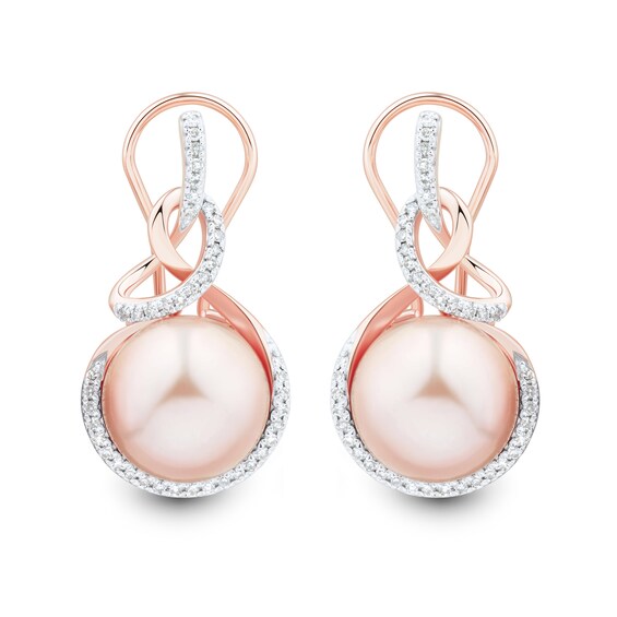 11.0-12.0mm Pink Freshwater Cultured Pearl and 0.29 CT. T.W. Diamond Swirl Earrings in 10K Rose Gold