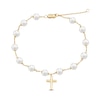 5.0-5.5mm Freshwater Cultured Pearl Station Cross Charm Bracelet in 10K Gold - 8.0"