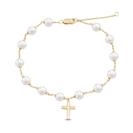 5.0-5.5mm Freshwater Cultured Pearl Station Cross Charm Bracelet in 10K Gold - 8.0&quot;