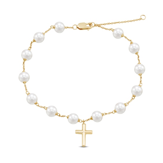 5.0-5.5mm Freshwater Cultured Pearl Station Cross Charm Bracelet in 10K Gold - 8.0"