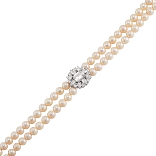 5.0-6.0mm Freshwater Cultured Pearl and White Lab-Created Sapphire Double Strand Bracelet in Sterling Silver - 7.5”