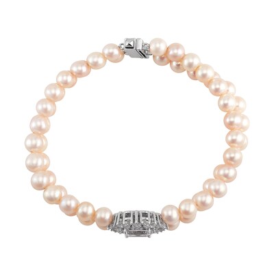 5.0-6.0mm Freshwater Cultured Pearl and White Lab-Created Sapphire Double Strand Bracelet in Sterling Silver - 7.5”