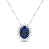 Oval Blue Lab-Created Sapphire and 0.29 CT. T.W. Certified Lab-Created Diamond Sunburst Frame Pendant in 10K White Gold