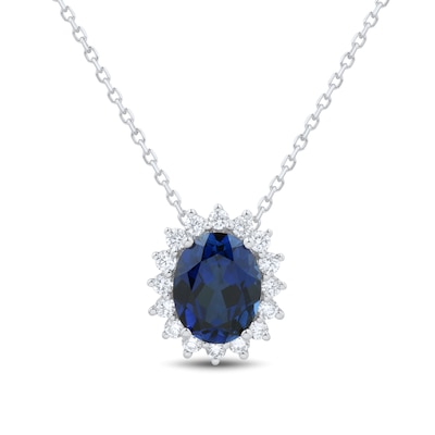 Oval Blue Lab-Created Sapphire and 0.29 CT. T.W. Certified Lab-Created Diamond Sunburst Frame Pendant in 10K White Gold