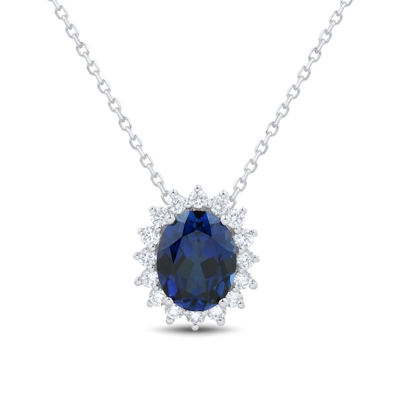 Oval Blue Lab-Created Sapphire and 0.29 CT. T.W. Certified Lab-Created Diamond Sunburst Frame Pendant in 10K White Gold