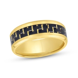 8.0mm Woven Black Carbon Fibre Inlay Engravable Wedding Band in Stainless Steel with Yellow Ion Plate (1 Line)