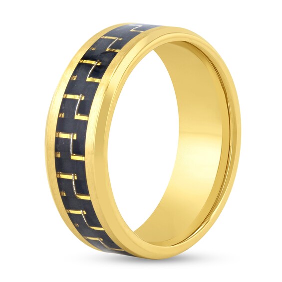 8.0mm Woven Black Carbon Fibre Inlay Engravable Wedding Band in Stainless Steel with Yellow Ion Plate (1 Line)