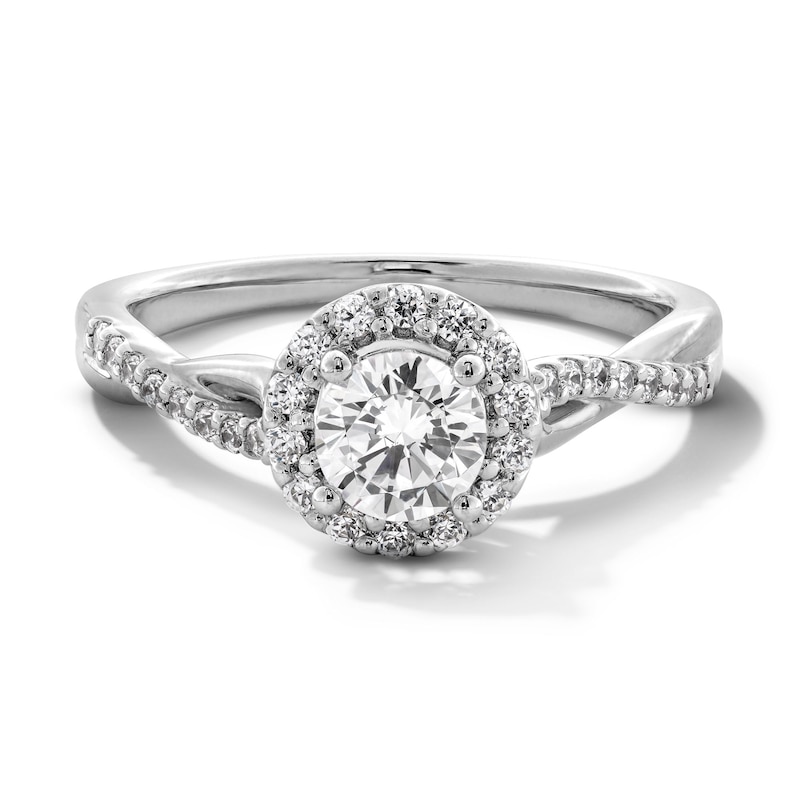 Main Image 1 of 0.70 CT. T.W. Certified Lab-Created Diamond Frame Crossover Shank Engagement Ring in 14K White Gold (F/VS2)